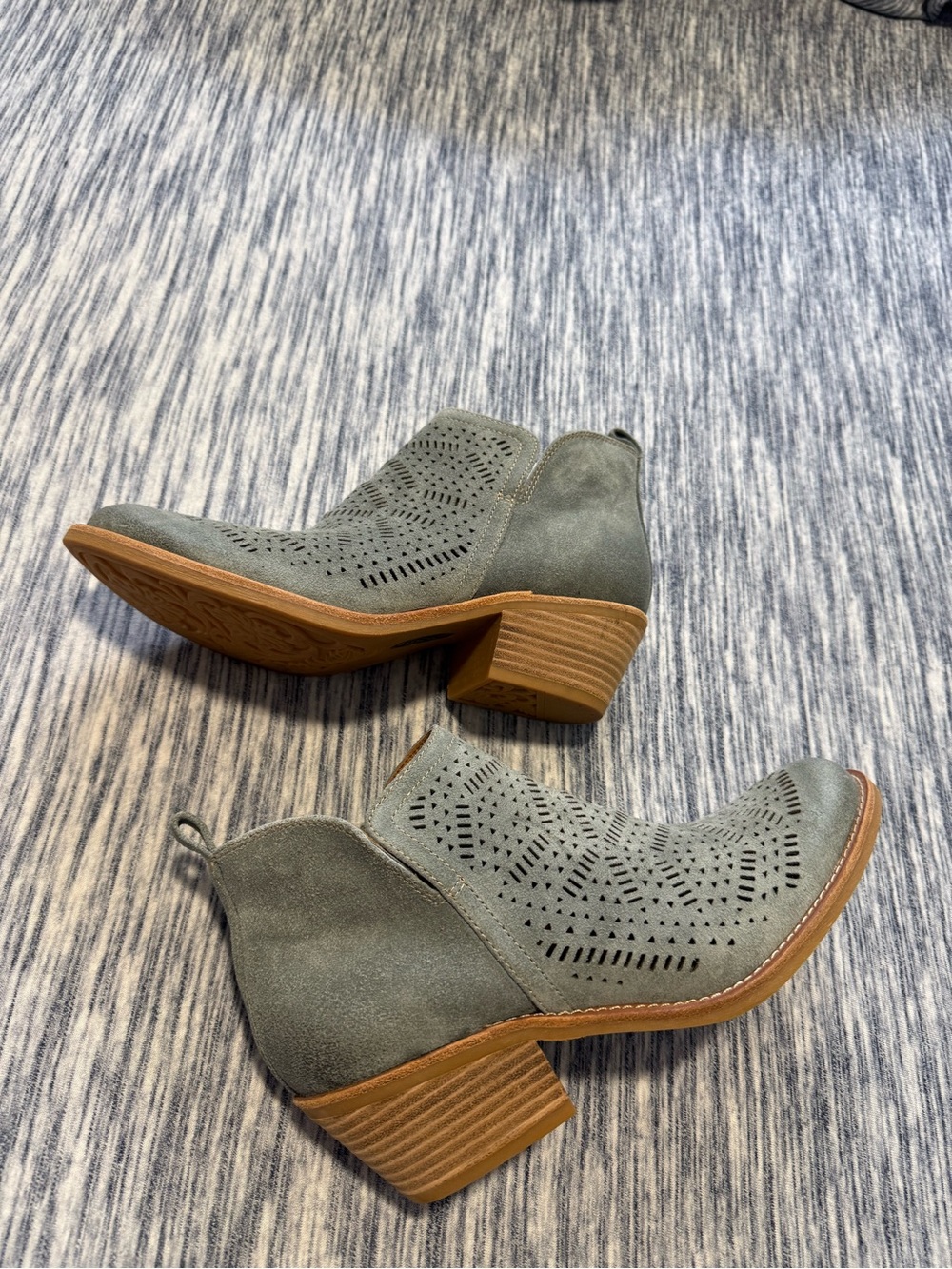 Sofft Suede Laser-Cut Ankle Booties in Gray-Green